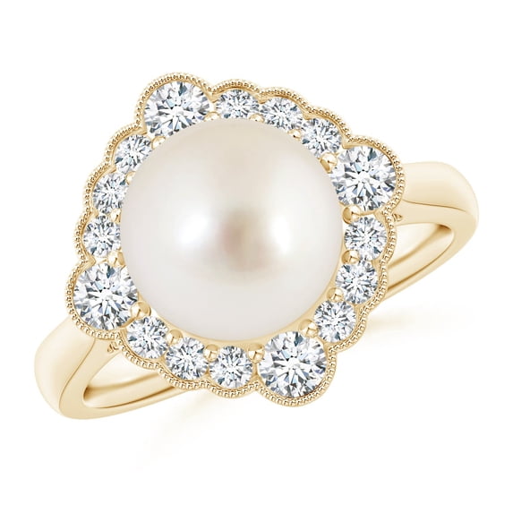 Angara South Sea Cultured Pearl Cushion Halo Engagement Ring in 14K Yellow Gold for Women | June Birthstone Jewelry for Her