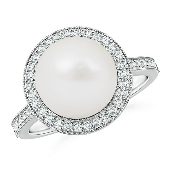 ANGARA South Sea Cultured Pearl Halo Ring with Milgrain in 14K White Gold for Women | June Birthstone, Birthday, Anniversary, Jewelry Gift for Women | Pearl Ring