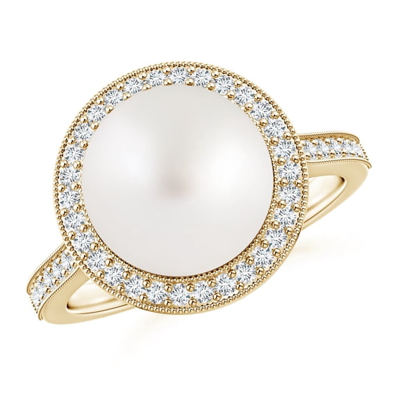 ANGARA South Sea Cultured Pearl Halo Ring with Milgrain in 14K Yellow Gold for Women | June Birthstone, Birthday, Anniversary, Jewelry Gift for Women | Pearl Ring