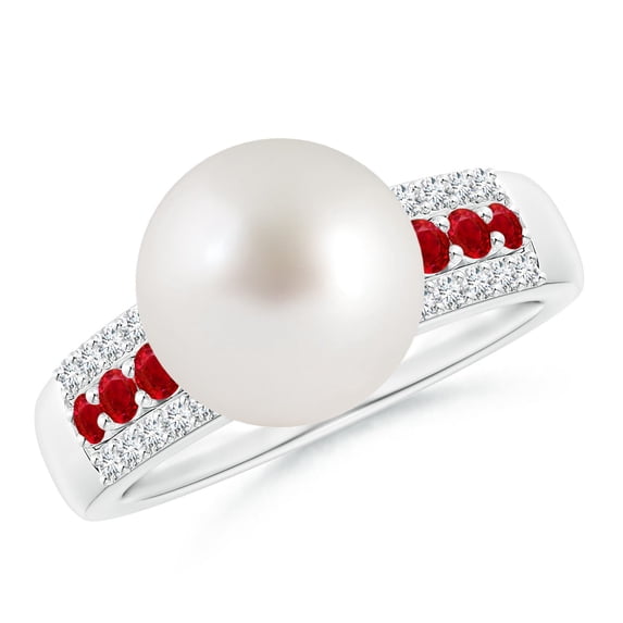 Angara South Sea Cultured Pearl Ring with Rubies in 14K White Gold for Women | June Birthstone Jewelry for Her