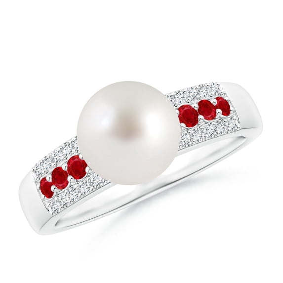 Angara South Sea Cultured Pearl Ring with Rubies in 14K White Gold for Women | June Birthstone Jewelry for Her