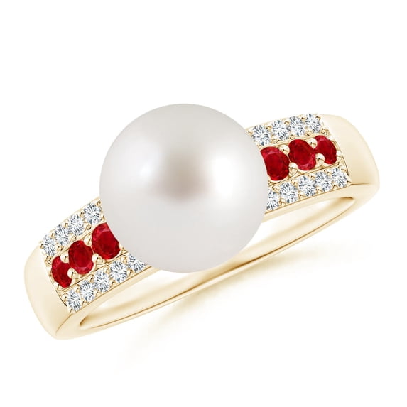 Angara South Sea Cultured Pearl Ring with Rubies in 14K Yellow Gold for Women | June Birthstone Jewelry for Her