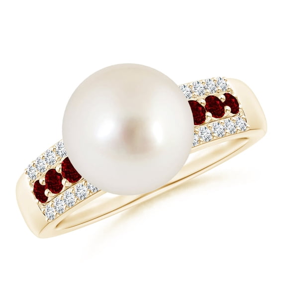 ANGARA South Sea Cultured Pearl Ring with Rubies in 14K Yellow Gold for Women | June Birthstone, Birthday, Anniversary, Jewelry Gift for Women | Pearl Ring