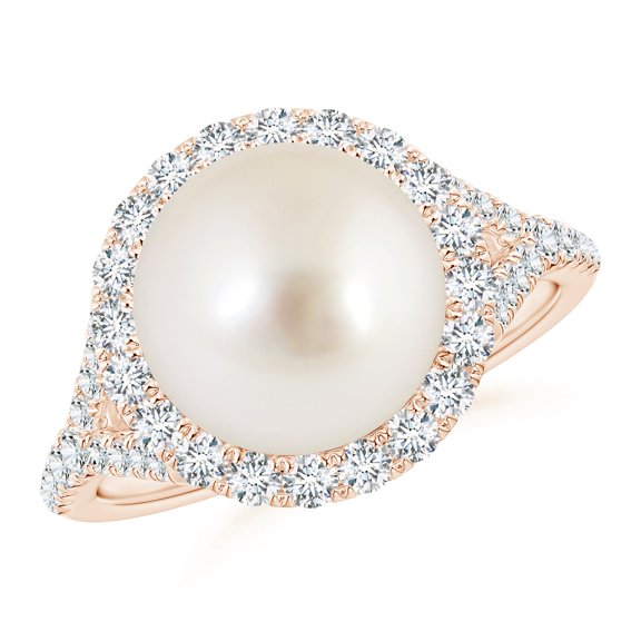 ANGARA South Sea Cultured Pearl Split Shank Ring with Halo in 14K Rose Gold for Women | June Birthstone, Birthday, Anniversary, Jewelry Gift for Women | Pearl Ring