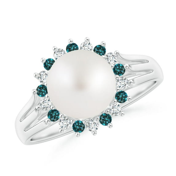 Angara South Sea Cultured Pearl and Blue Diamond Ring in 14K White Gold for Women | June Birthstone Jewelry for Her