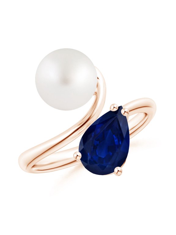 South Sea Cultured Pearl and Pear-Shaped Sapphire Two Stone Ring in 14K Rose Gold for Women | June Birthstone, Birthday, Anniversary, Jewelry Gift for Women | Pearl Ring