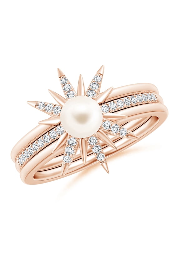 Starburst Freshwater Cultured Pearl and Diamond Gemini Stackable Ring in 14K Rose Gold for Women | June Birthstone, Birthday, Anniversary, Jewelry Gift for Women | Pearl Ring