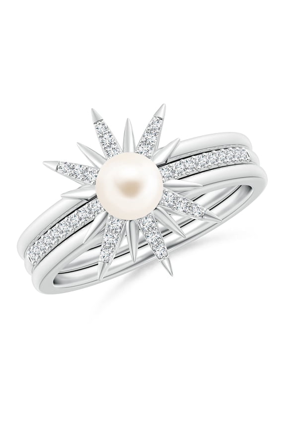 Starburst Freshwater Cultured Pearl and Diamond Gemini Stackable Ring in 14K White Gold for Women | June Birthstone, Birthday, Anniversary, Jewelry Gift for Women | Pearl Ring