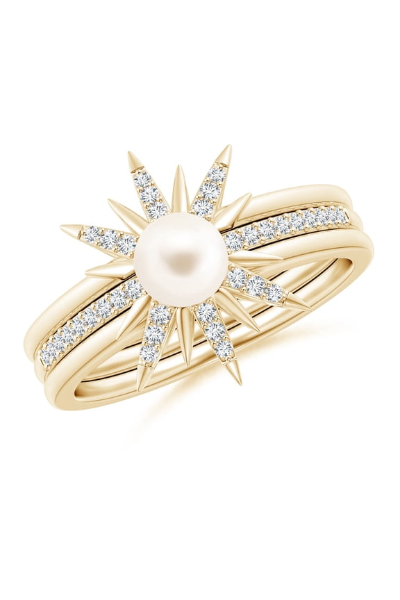 Starburst Freshwater Cultured Pearl and Diamond Gemini Stackable Ring in 14K Yellow Gold for Women | June Birthstone, Birthday, Anniversary, Jewelry Gift for Women | Pearl Ring