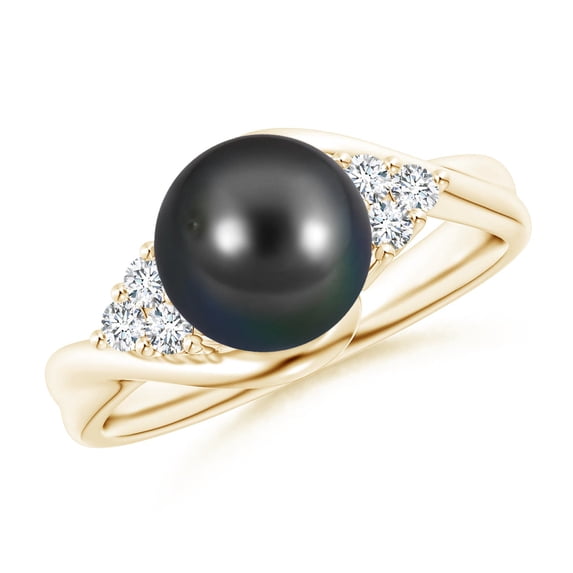 ANGARA Tahitian Cultured Pearl Bypass Ring with Diamond Trio in 14K Yellow Gold for Women | June Birthstone, Birthday, Anniversary, Jewelry Gift for Women | Pearl Ring