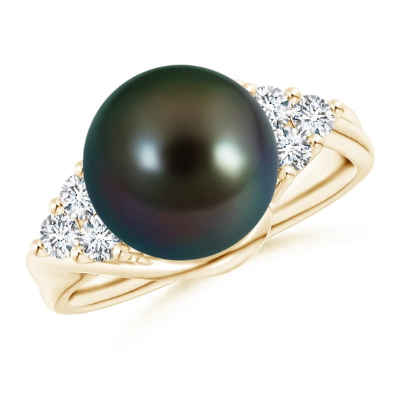 ANGARA Tahitian Cultured Pearl Bypass Ring with Diamond Trio in 14K Yellow Gold for Women | June Birthstone, Birthday, Anniversary, Jewelry Gift for Women | Pearl Ring