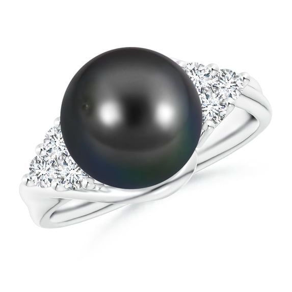 ANGARA Tahitian Cultured Pearl Bypass Ring with Diamond Trio in Platinum for Women | June Birthstone, Birthday, Anniversary, Jewelry Gift for Women | Pearl Ring