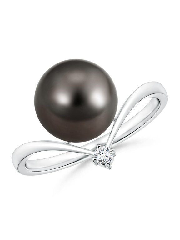 Tahitian Cultured Pearl Chevron Ring with Diamond in 925 Sterling Silver for Women | June Birthstone, Birthday, Anniversary, Jewelry Gift for Women | Pearl Ring