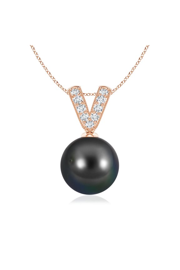 Tahitian Cultured Pearl & Diamond V-Bale Pendant in 14K Rose Gold for Women | June Birthstone, Birthday, Anniversary, Jewelry Gift for Women | Pearl Necklace