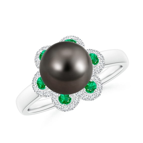 Angara Tahitian Cultured Pearl Floral Ring with Emeralds in 14K White Gold for Women | June Birthstone Jewelry for Her