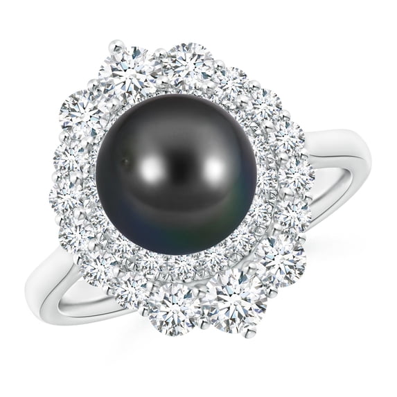 ANGARA Tahitian Cultured Pearl & Graduated Diamond Halo Ring in 14K White Gold for Women | June Birthstone, Birthday, Anniversary, Jewelry Gift for Women | Pearl Ring