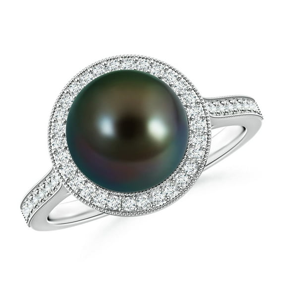 ANGARA Tahitian Cultured Pearl Halo Ring with Milgrain in 14K White Gold for Women | June Birthstone, Birthday, Anniversary, Jewelry Gift for Women | Pearl Ring