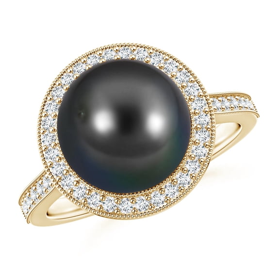 ANGARA Tahitian Cultured Pearl Halo Ring with Milgrain in 14K Yellow Gold for Women | June Birthstone, Birthday, Anniversary, Jewelry Gift for Women | Pearl Ring