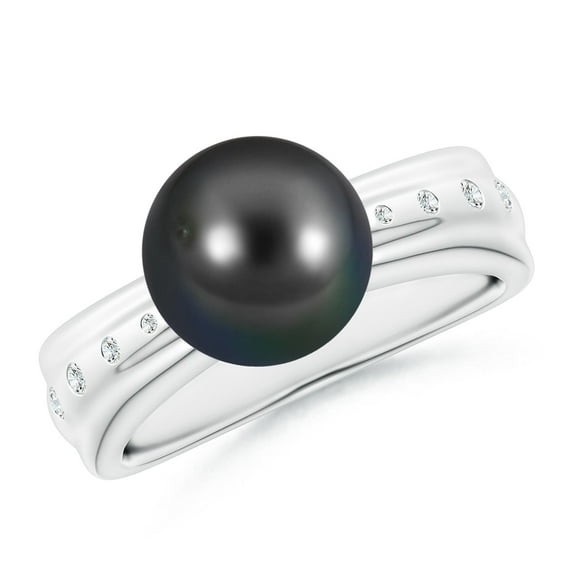 Angara Tahitian Cultured Pearl Ring with Flush-Set Diamonds in 14K White Gold for Women | June Birthstone Jewelry for Her