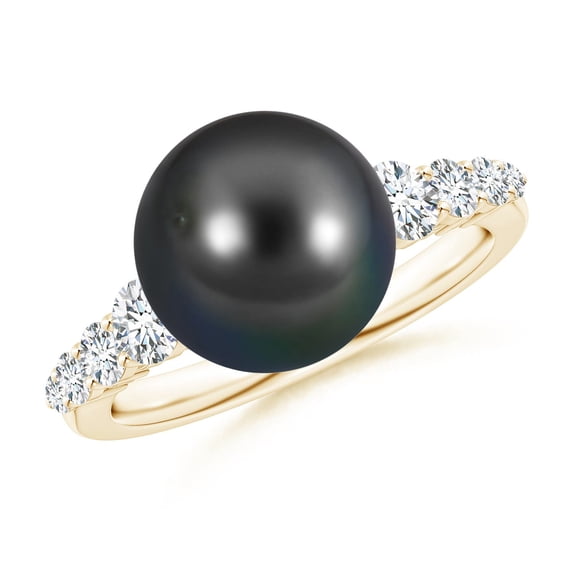 ANGARA Tahitian Cultured Pearl Ring with Graduated Diamonds in 14K Yellow Gold for Women | June Birthstone, Birthday, Anniversary, Jewelry Gift for Women | Pearl Ring