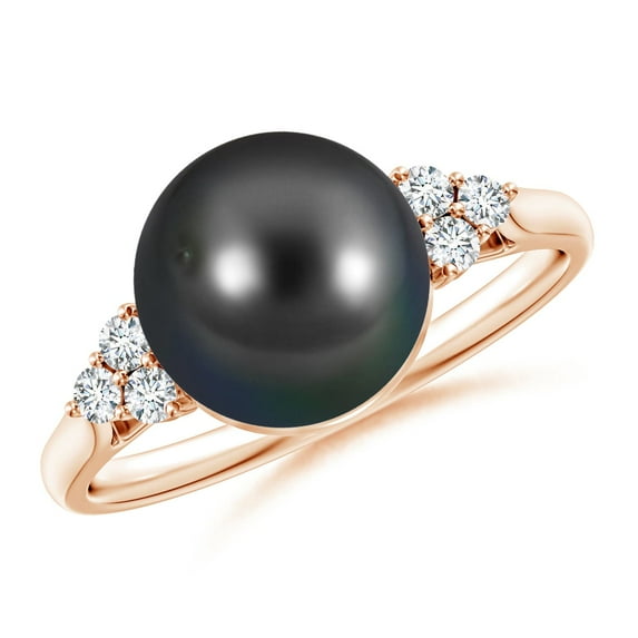 ANGARA Tahitian Cultured Pearl Ring with Trio Diamonds in 14K Rose Gold for Women | June Birthstone, Birthday, Anniversary, Jewelry Gift for Women | Pearl Ring