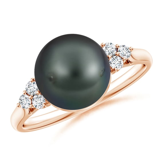ANGARA Tahitian Cultured Pearl Ring with Trio Diamonds in 14K Rose Gold for Women | June Birthstone, Birthday, Anniversary, Jewelry Gift for Women | Pearl Ring