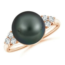 ANGARA Tahitian Cultured Pearl Ring with Trio Diamonds in 14K Rose Gold for Women | June Birthstone, Birthday, Anniversary, Jewelry Gift for Women | Pearl Ring