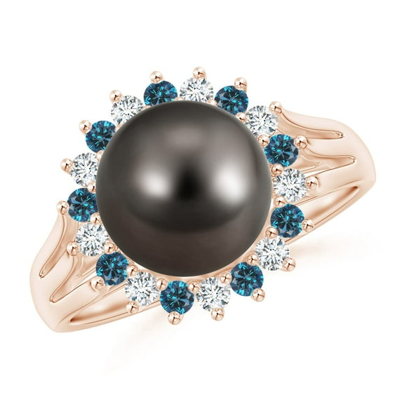 ANGARA Tahitian Cultured Pearl and Blue Diamond Ring in 14K Rose Gold for Women | June Birthstone, Birthday, Anniversary, Jewelry Gift for Women | Pearl Ring