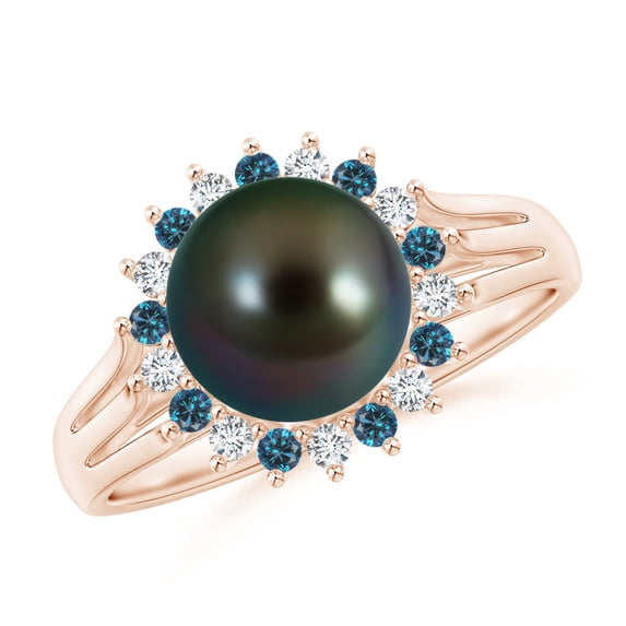 ANGARA Tahitian Cultured Pearl and Blue Diamond Ring in 14K Rose Gold for Women | June Birthstone, Birthday, Anniversary, Jewelry Gift for Women | Pearl Ring