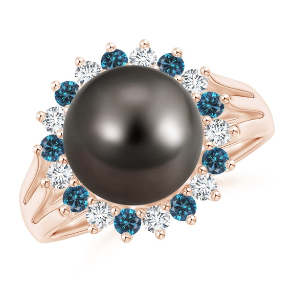 ANGARA Tahitian Cultured Pearl and Blue Diamond Ring in 14K Rose Gold for Women | June Birthstone, Birthday, Anniversary, Jewelry Gift for Women | Pearl Ring