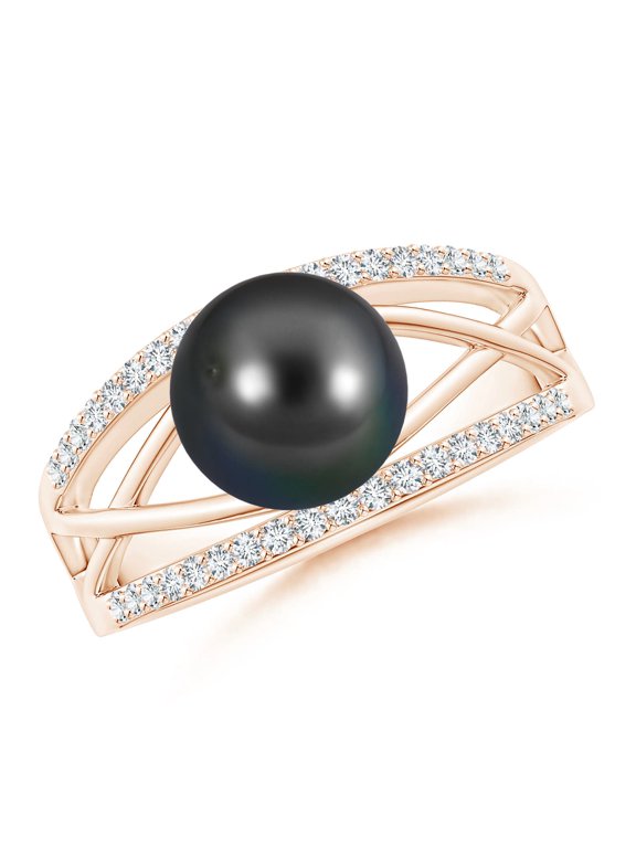 Tahitian Cultured Pearl and Diamond Criss-Cross Ring in 14K Rose Gold for Women | June Birthstone, Birthday, Anniversary, Jewelry Gift for Women | Pearl Ring