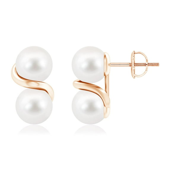 Angara Two Stone Freshwater Cultured Pearl Earrings with Metal Swirl for Women in 14K Rose Gold | June Birthstone Jewelry | Birthday, Anniversary, Jewelry Gift for Women | Pearl Earrings