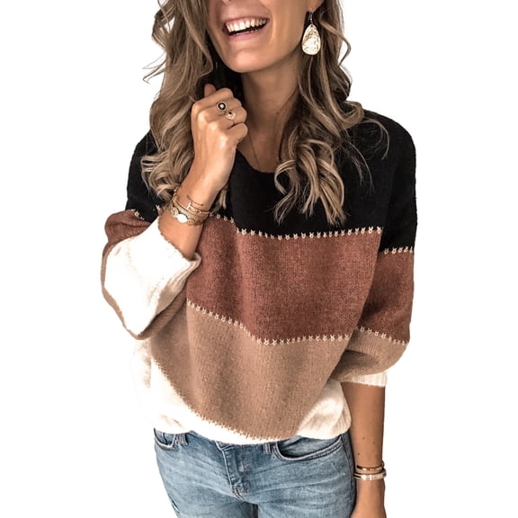 NAYTOAO Crew Neck Color Block Patchwork Sweater for Women Casual Long Sleeve Tunic Pullover Knit Tops Black L