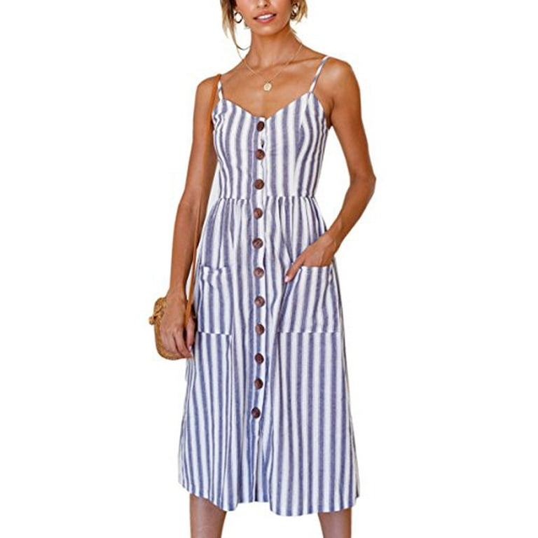 Angashion Women s Dresses Summer Floral Bohemian Spaghetti Strap Button Down Swing Midi Dress with Pockets Blue Striped XL Walmart