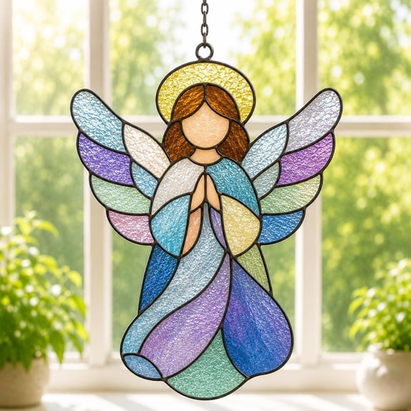 Angel Acrylic Suncatcher, Faux Stained Glass Window Hanging, Sympathy Gift size 10in