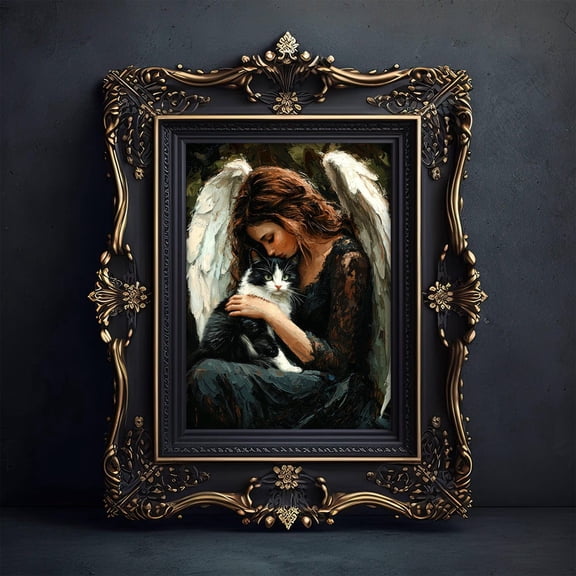 Angel And Her Cat Poster, Ethereal Wall Art For Cat Lovers, Tuxedo Cat Wall Decor,, Stretched Canvas Size 8x12