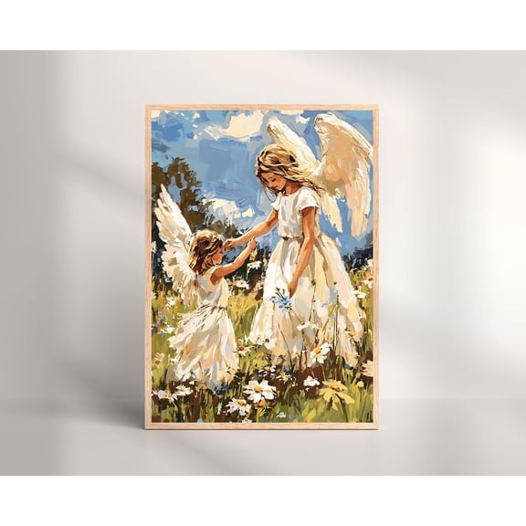 Angel Art Print Celestial Nursery Decor Angels in Flower Field Unframed Paper Print