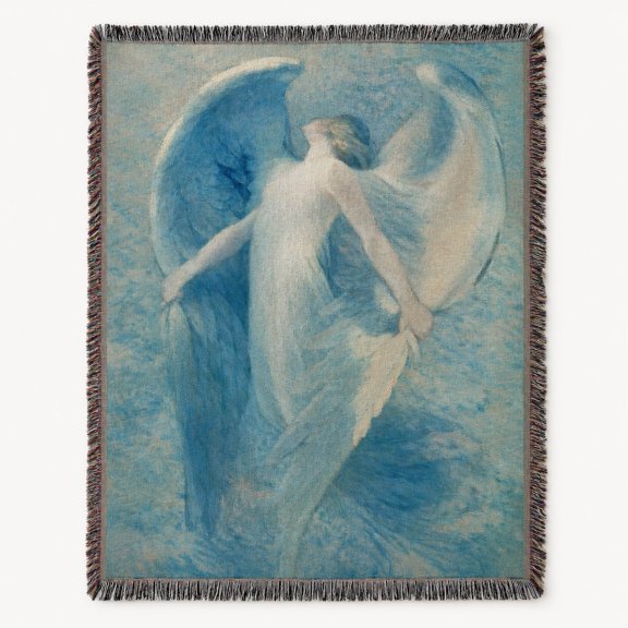 Angel Art Woven Cotton Throw Blanket, Vintage Blue Celestial Tapestry, Fringe Edge Decor Gift