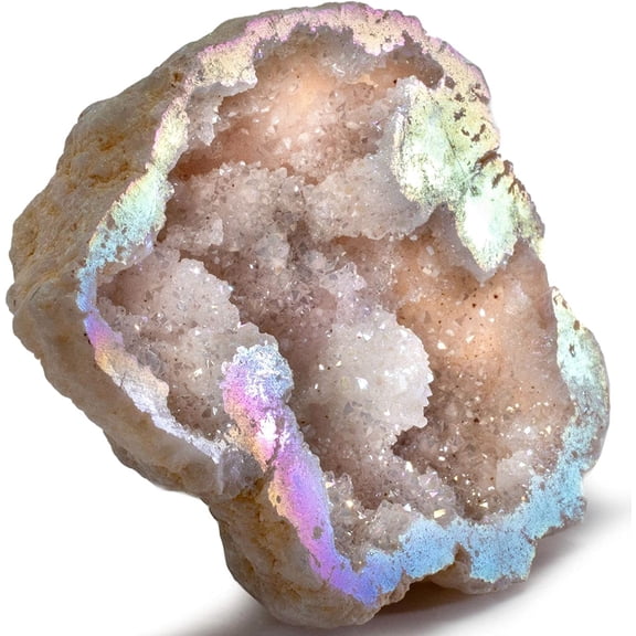 Angel Aura Quartz Geode - Titanium Bonded High Energy Crystal Cuarzo Cluster/Druzy with Information Card - Natural Reiki Rock Used for Clarity and Purpose (Family Owned and Operated)