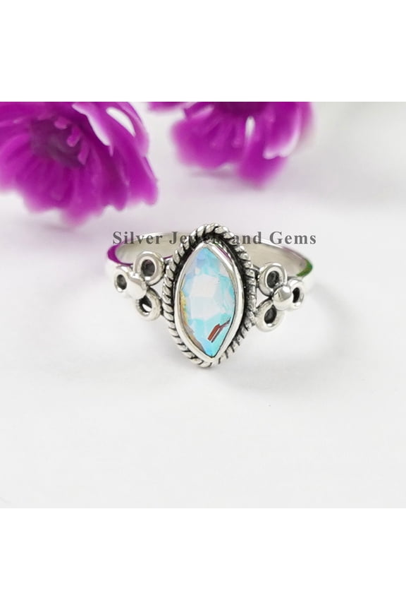Angel Aura Quartz Ring, Dainty Ring, Handmade Ring, 925 Sterling Silver Ring, Marquise Quartz Ring, Birthday Gift