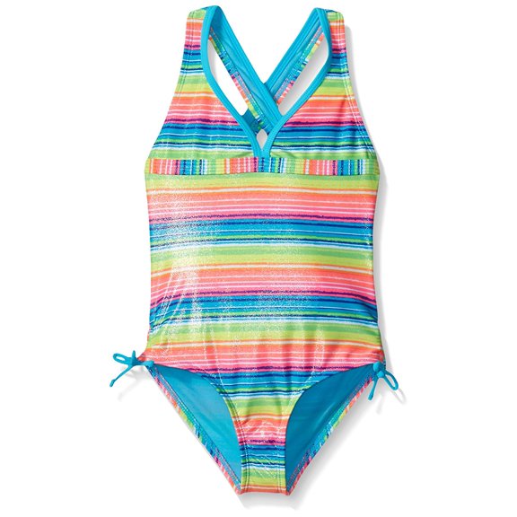 Angel Beach Girls Multi Neon Stripe Foil Print Swimming Suit Swim Bathing Suit 4