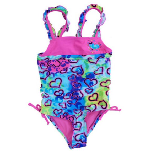 Angel Beach Girls Neon Pink Hearts Swimming Suit Swim Bathing Suit 1 PC Size 4