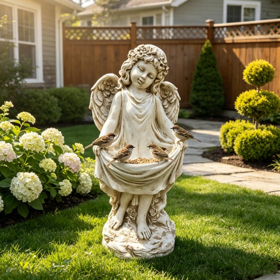 Angel Bird Feeder Statue Outdoor, 21" Resin Leaf Tray Weatherproof, for Garden Patio Lawn Cemetery Gift