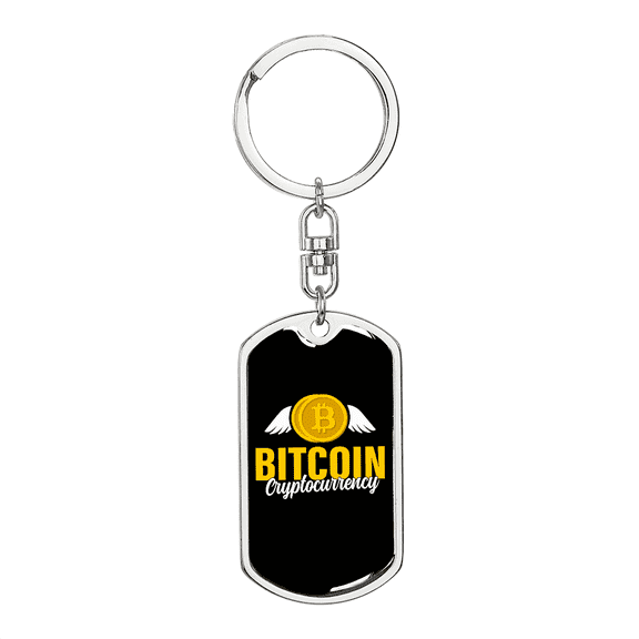 Angel Bitcoin Crypto Dog Tag Keychain Stainless Steel Silver Tone or Gold Tone