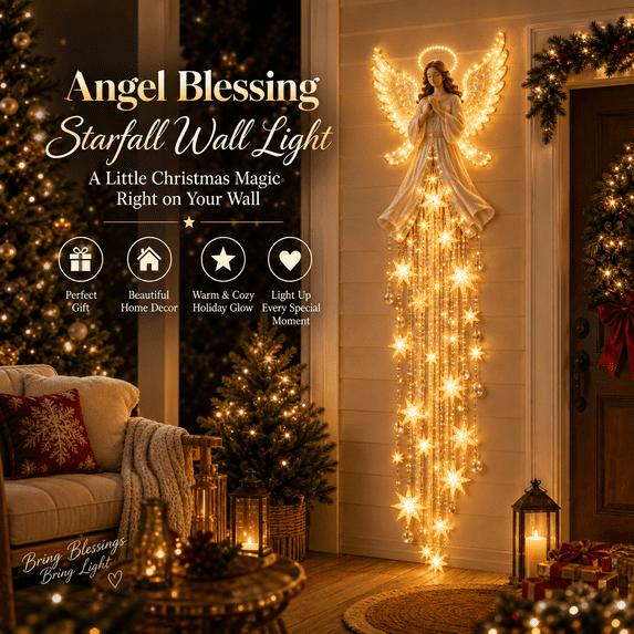 Angel Blessing Starfall Wall Light,Heavenly Christmas Wall Decor, Cascading Star Resin Decoration with Warm Glow, 32 Inch, For Bedroom Home,Guardian Gift for Women