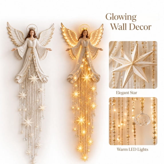 Angel Blessing Wall Light, Cascading Glowing Star Christmas Angel Wall Lamp, Led Starfall Effect Celestial Angel Figurine for Bedroom Living Room Entryway, Indoor Decoration