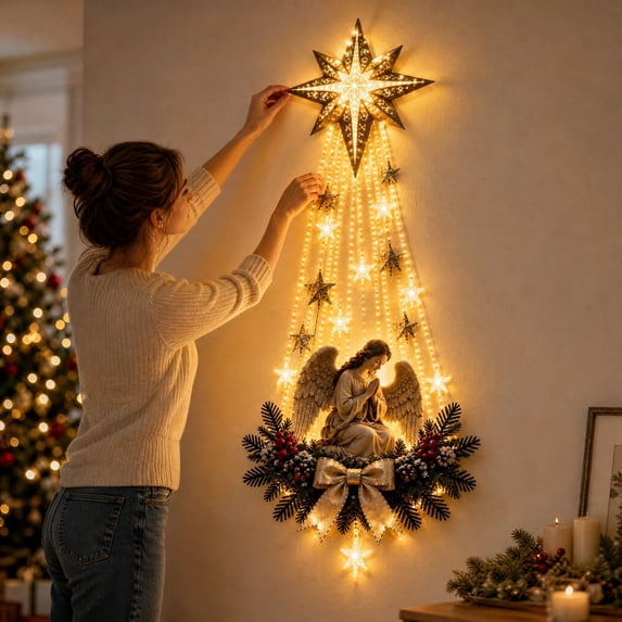 Angel Blessing Wall Light with Cascading Stars LED Holiday Decor, Starglow Cascading Glowing Star Wall Decor, Heavenly Warm Night Light, Indoor Home Ornament & Thoughtful Holiday Gift