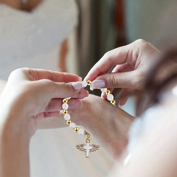 Angel Bracelets Stretch Elastic Rosary Beads Bangle for Women Girls - Acrylic Baptism Jewelry Accessories - for