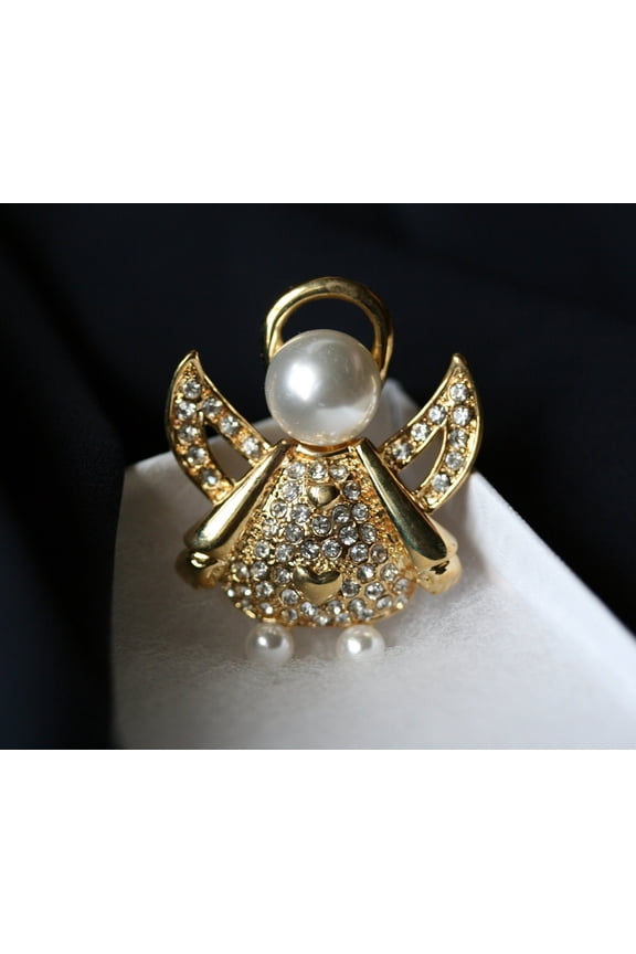 Angel Brooches, Vintage Christmas Angel Pins, Gold Toned Metal Faux Pearl Angel Brooches,