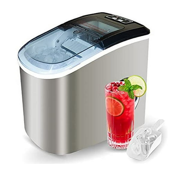 Angel Canada Stainless Steel Portable Ice Maker Compact Countertop with Panoramic View Window, Ice Cube Machine, Bullet Cubes in S/L Size 26 lb/24H for Home Office Party, Boat RV